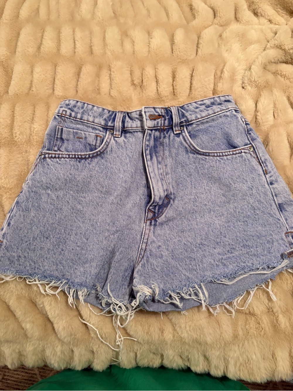 Zara Light Blue High-Waist Frayed Denim Shorts